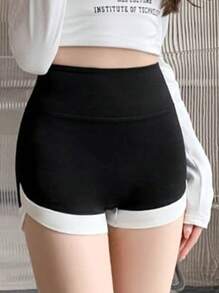 DAZY Women's Letter Print Patchwork Fitted Bodycon Shorts, Athleisure Style, Year-Round