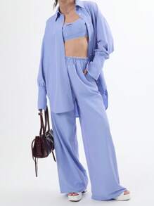 TypaGal 蕾丝边纽扣细节条纹阔腿裤 - 藍色 - 查看 3