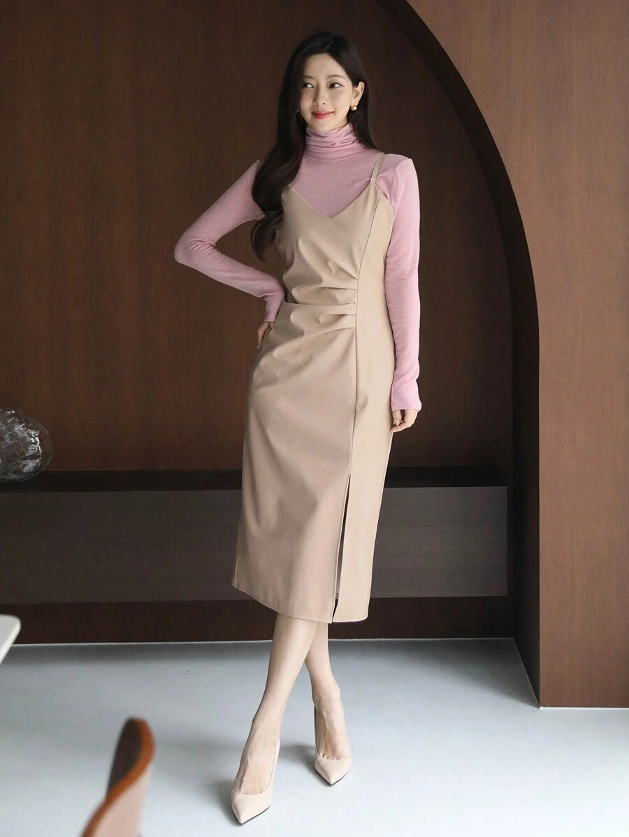 DAZY Đầm midi xếp ly phối ren PU trơn màu cho nữ, quần áo mùa thu - Màu be - Xem 1