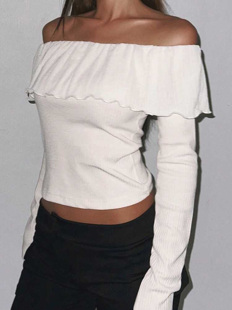 Women's Off-Shoulder Collar Fitted Long Sleeve White T-Shirt Top, Spring/Summer,Ruffle,Off Shoulder Top,Fall Women Clothes