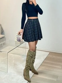 EURMUSE Casual Collegiate Style Pleated Mini Skirt - Brown - View 4