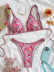 Soleia Women's Colorful Ditsy Floral Patchwork Plaid V-Neck Tie Front Swimwear Set,Swim Suits For Women,Vacation Outfit Women,Summer Outfits For Women,Beach Outfits For Women,Valentine's Day - Multicolor - View 5