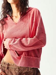 Bohemela Camiseta holgada de mujer de punto con cuello en V de unicolor y parches
