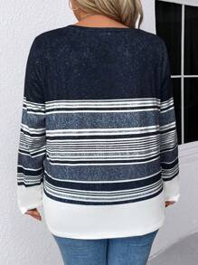 SHEIN LUNE Plus Size Crew Neck Long Sleeve Striped Minimalist T-Shirt, Casual Daily Wear