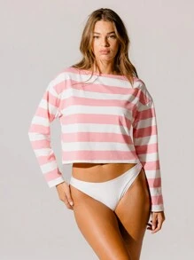Aralina Top de jersey de manga larga a rayas rosadas y blancas para días festivos - Rosa - Ver 8