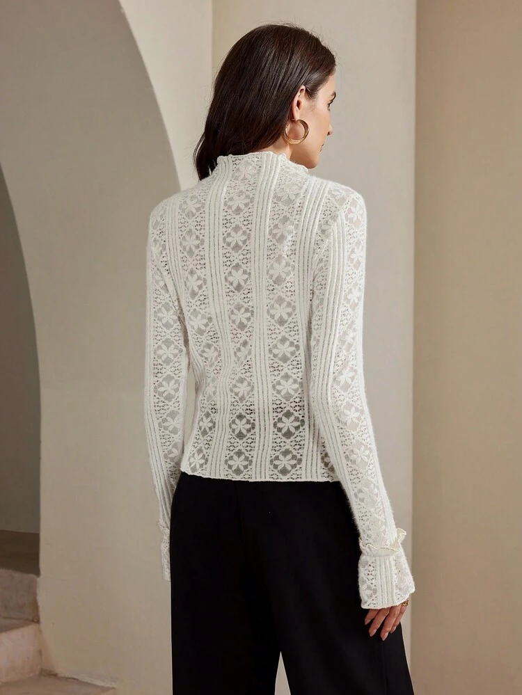 Women's Elegant Stand Collar Long Sleeve Stretch Lace Blouse