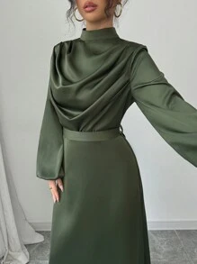 Elenzga Vestido de mujer elegante de satén brilloso con pliegues, cuello drapeado, manga larga y campana, para primavera y otoño