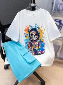 2 件装男童休闲卡通骷髅印花圆领短袖 T 恤和工装短裤套装，适合夏季上学、运动、郊游和度假 - 藍色 - 查看 1