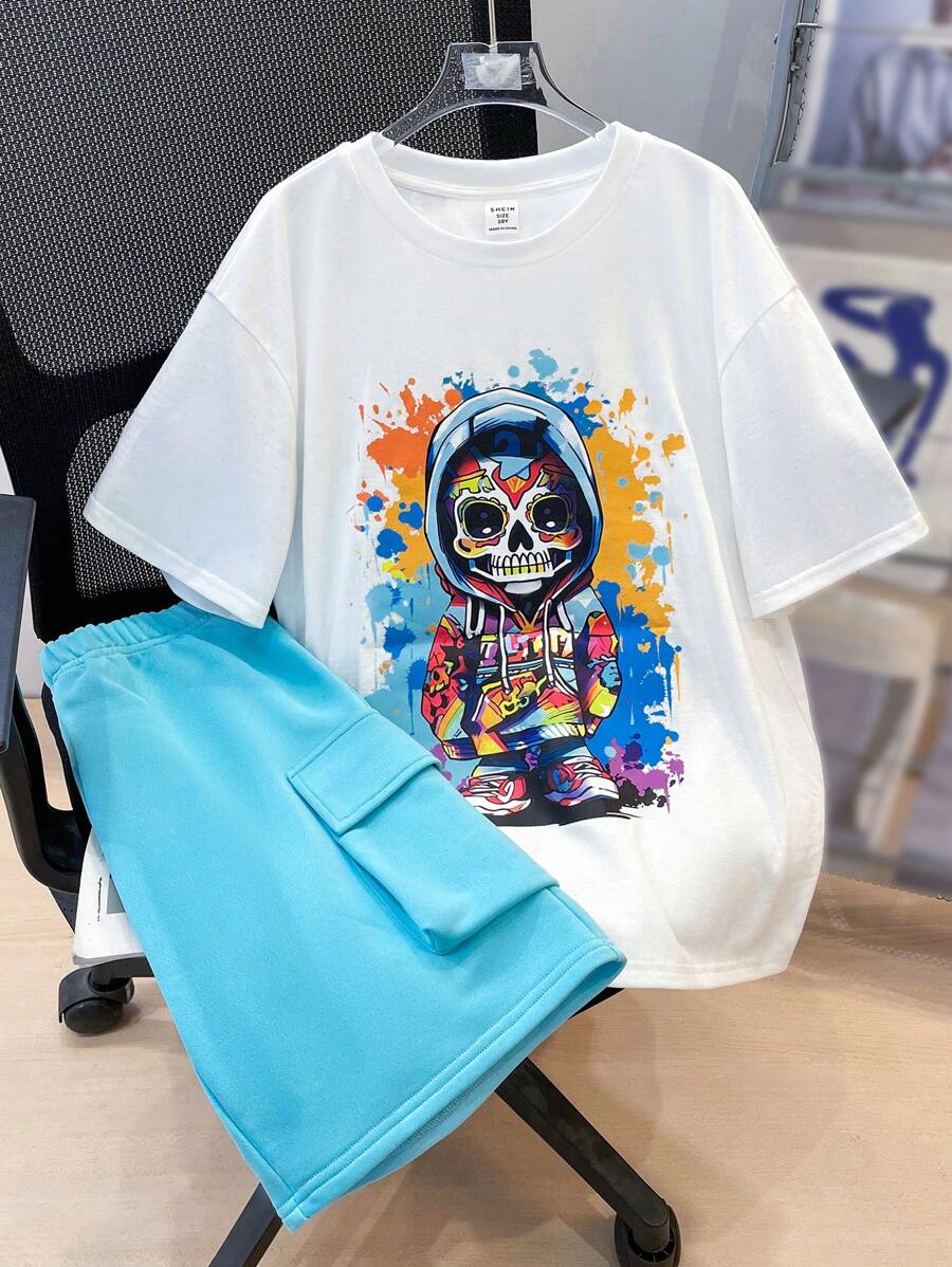 2 件装男童休闲卡通骷髅印花圆领短袖 T 恤和工装短裤套装，适合夏季上学、运动、郊游和度假 - 藍色 - 查看 1