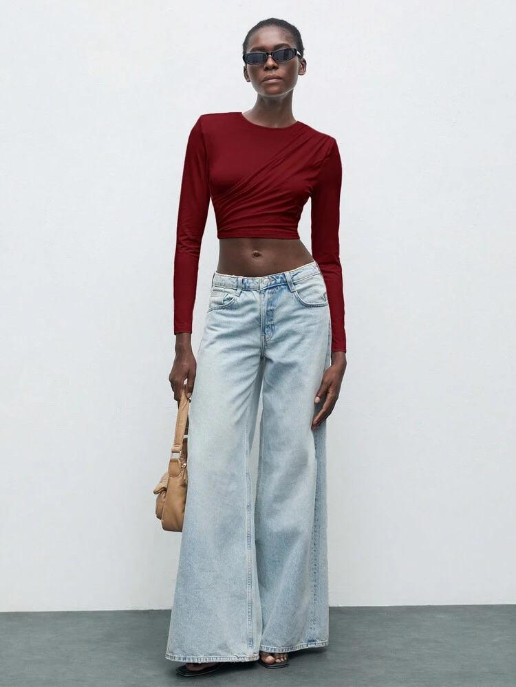 SHEIN Maija Red Round Neck Long Sleeve Pleated Hem Casual Versatile Top,Summer Clothes Women
