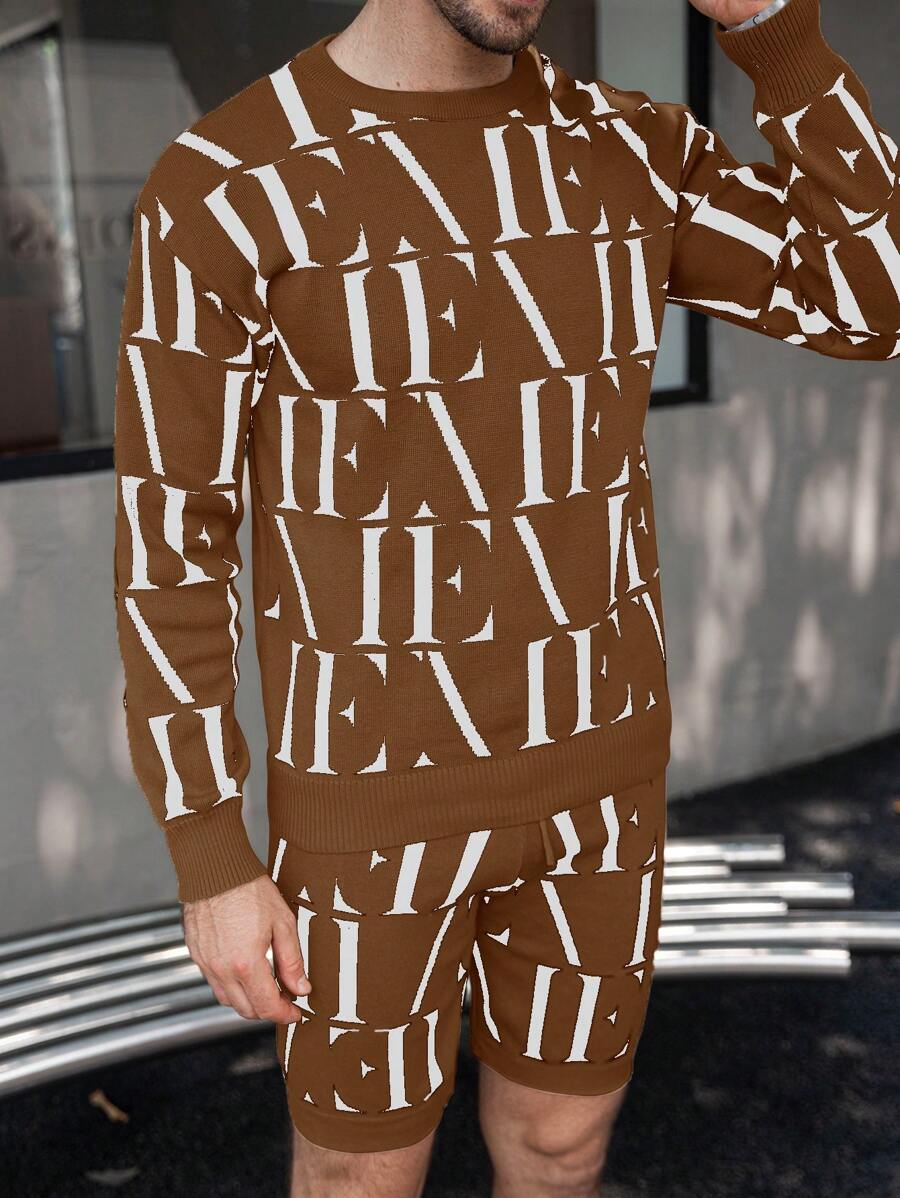 Manfinity Homme Setelan Kasual Pria: Sweater Lengan Panjang Kerah Bulat dengan Motif Huruf dan Celana Pendek Rajut, Musim Gugur/Dingin - Rust Brown - View 1