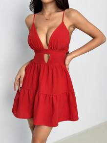 SHEIN PETITE Vestido rojo estilo slip con escote en V y espalda descubierta - Rojo - Ver 3