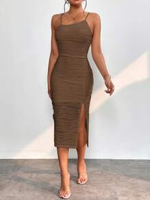 SHEIN PETITE Women Solid Color Spaghetti Strap Split Textured Bodycon Dress