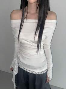 DAZY Camiseta blanca de manga larga con cuello redondo, detalles de encaje con contraste y lazo, para primavera/verano