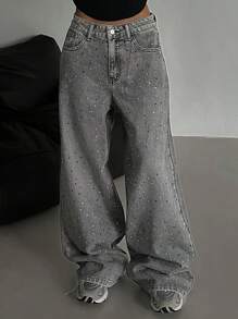 DAZY Women's Casual Rhinestone Embellished Denim Pants, Minimalist Fashion For Everyday Wear,Baggy Jeans