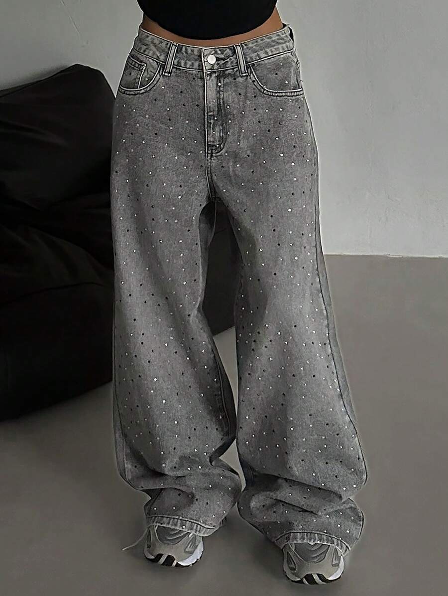 DAZY Women's Casual Rhinestone Embellished Denim Pants, Minimalist Fashion For Everyday Wear,Baggy Jeans