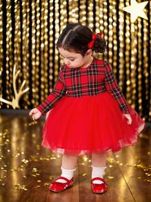 SHEIN Baby Girl Mommy And Me Christmas Fall/Winter Christmas Cute Elegant Red Plaid Knit Contrast Mesh Long Sleeve Dress, Suitable For Parties, Birthdays, Gatherings