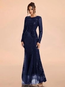 SHEIN Belle 女士圆领长袖美人鱼下摆亮片装饰正式晚礼服，优雅晚会舞会礼服，婚礼宾客礼服，派对礼服 - 藍色 - 查看 3