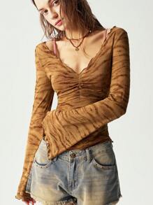 Bohemela BOHO Hippie Women's Figure-Hugging T-Shirt With Chest Ruching And Flared Sleeves - Mocha Brown - View 3