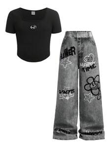 SHEIN Leap Crew 青少年女孩前卫街头风格不对称下摆 U 领短袖水钻 T 恤和牛仔效果裤 2 件套 - 黑色 - 查看 1