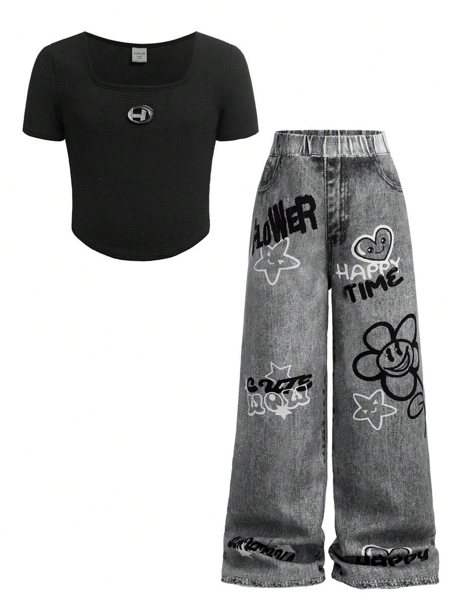 SHEIN Leap Crew 青少年女孩前卫街头风格不对称下摆 U 领短袖水钻 T 恤和牛仔效果裤 2 件套 - 黑色 - 查看 1