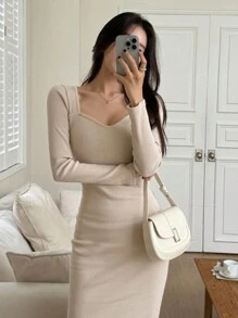 DAZY Váy midi cổ vuông ôm sát màu trơn cho nữ, thời trang xuân hè thu, váy dài tay cho nữ mùa thu - Màu be - Xem 8