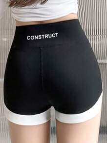 DAZY Women's Letter Print Patchwork Fitted Bodycon Shorts, Athleisure Style, Year-Round