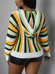 Slaydiva Women's Black And White Striped Colorful Crocheted Hoodies Pocket Wool Tops,Autumn Casual Streetwear Occasion Boho Beach Vacation Rave Festival - Multicolor - View 2