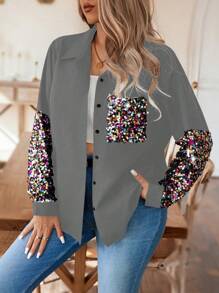 Calvaya Plus Size Women Sequin Patchwork Long Sleeve Single-Breasted Pocket Shirt, Fashionable Autumn Fall Cloth For Women - Grey - View 6