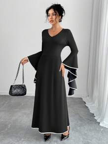 Chiquease Women's Contrast Color Trim Ruffle Flare Sleeve Maxi Elegant Dress - Black - View 5