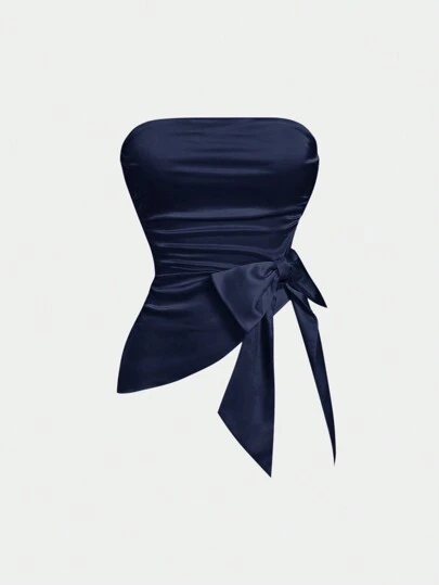 SHEIN MOD 女士纯色褶饰抹胸短款上衣配蝴蝶结