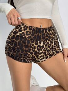 SHEIN PETITE Leopard Print Fashion Ruched Biker Shorts - Brown - View 5