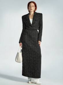 SHEIN Privé 时尚宽松短款夹克搭配超长直筒裙，粗花呢女式套装，秋季 - 黑色 - 查看 6