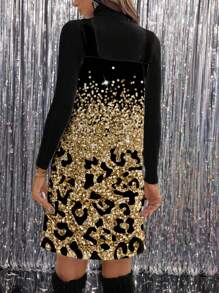 SHEIN LUNE Women Casual Simple Style Mini Dress With Glitter Leopard Print, Suitable For Autumn/Winter