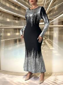 SHEIN Unity Gold Foil Edge Fitted Mermaid Long Sleeve Dress Maxi Women Outfit - Black - View 7