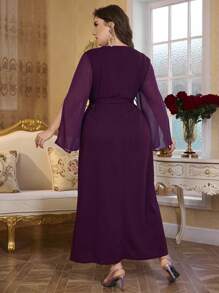 Modelyn Plus Size Chiffon & Knitted V-Neck Embroidered Straight Dress With Tie Waist, Elegant Long Dress - Purple - View 2