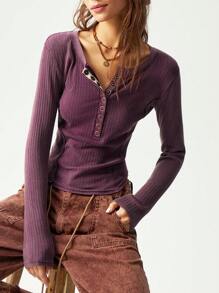 Bohemela Boho 1pc Women Plain Knitted Half Placket Long Sleeve Fitted T-Shirt - Red Violet - View 5