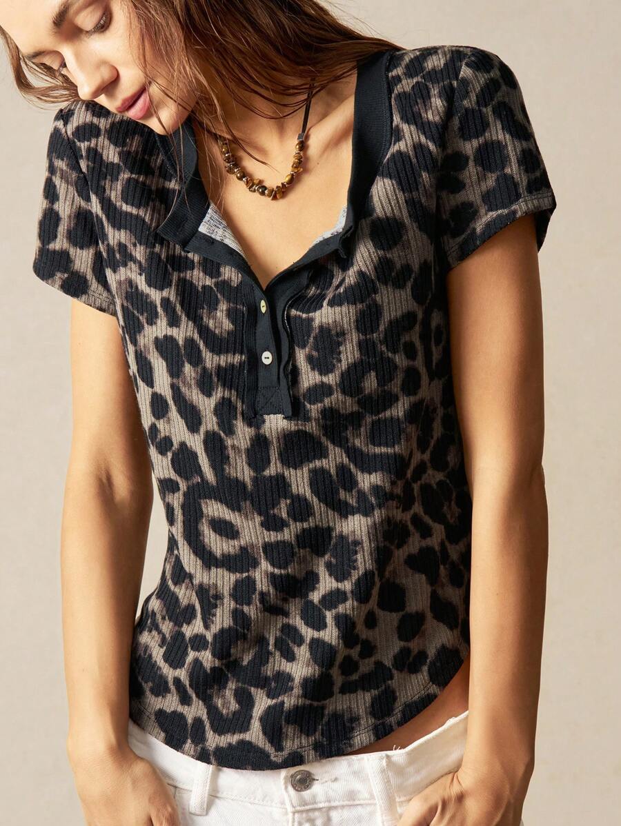 Bohemela Casual Leopard Print Half-Zip Placket Short Sleeve Fitted Women T-Shirt