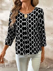 SHEIN Clasi Blusa de manga media con patrón geométrico para mujer