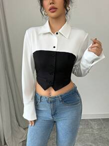 SHEIN Unity Colorblock Short Women's Shirt, Black And White Contrast Shirt - Black and White - View 4