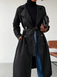 Solid Double Breasted Lapel Neck Belted Trench Coat - Black - View 4