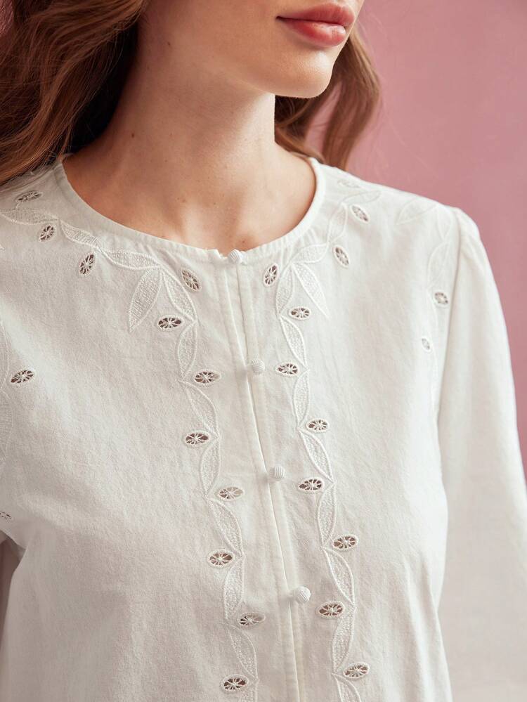 LEAF EMBROIDERY FLARE SLEEVE BLOUSE,VALENTINE'S DAY,SPRING/SUMMER