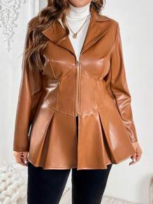 Flirla 大码优雅翻领长袖合身拉链棕色 PU 皮革女式夹克 - 鏽棕色 - 查看 5
