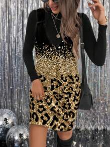 SHEIN LUNE Women Casual Simple Style Mini Dress With Glitter Leopard Print, Suitable For Autumn/Winter