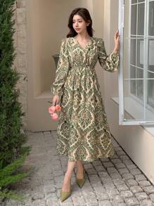 DAZY Women V-Neck Allover Floral Print Long Sleeve Casual Slim Fit Midi Dress,Fall Dress