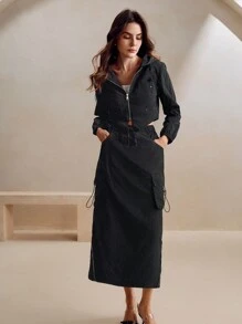 Anewsta Fashionable Sporty Casual Black Hoodie And Skirt 2pcs Suit For Women - Black - View 1