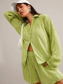 SHEIN Essnce Ladies' Solid Color Pleated Two-Piece Set - Green - View 4
