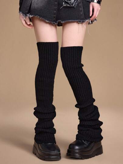 Grunge Punk 1 Paar Damen Thermolangbein Stulpen, ganzjährig, einfarbig schwarz mit vertikalen Streifen, 90cm gestrickt