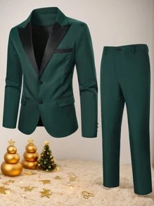 SHEIN Leap Crew 2pcs Tween Boy Casual Two-Tone Collar Suit Jacket And Pants Set - Dark Green - View 2