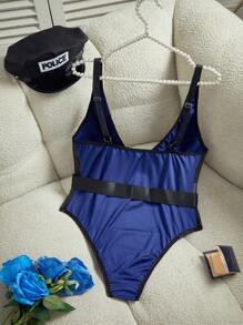 Trang phục hóa trang cảnh sát cong 3 món - Mũ, Thắt lưng, Áo liền quần, Đồ lót cỡ lớn - Màu xanh hải quân - Xem 2